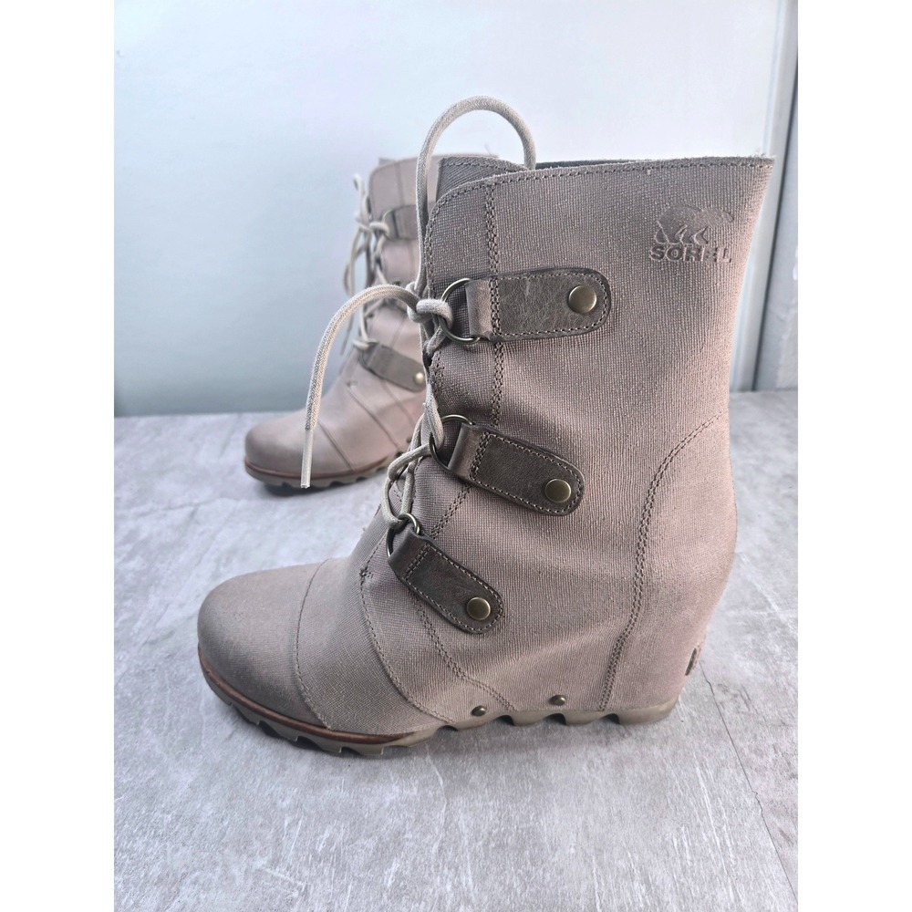 Sorel Hidden Wedge Midcalf Boots Sz 9 Taupe Canvas Chunky Lace Up Hiker Combat
